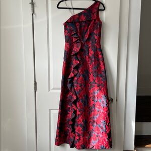 Kay Unger New York Red and Deep Blue on Black Floral One-Shoulder Long Gown